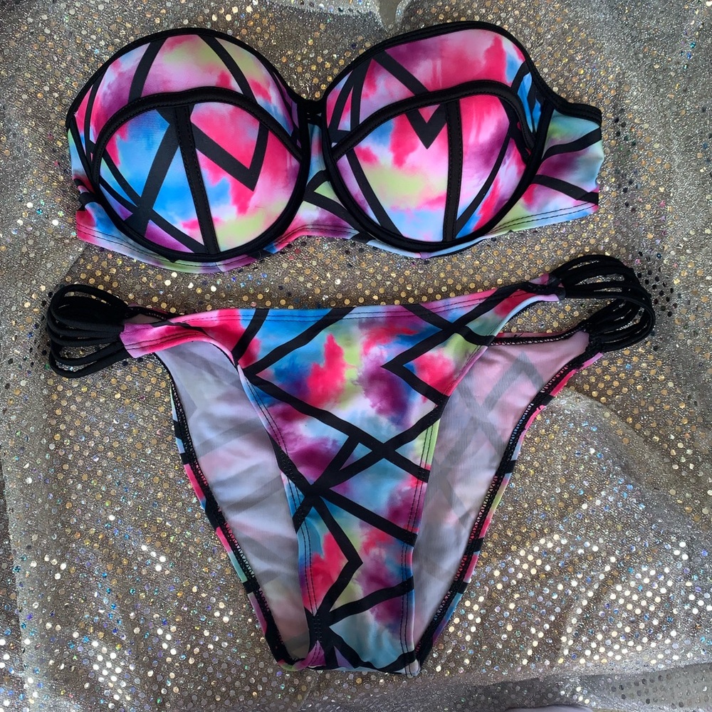 Tie Dye Rainbow Black Lined Strapless Bikini Summer set Top & Bottom